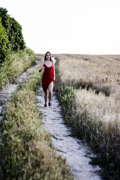 Beautiful blond woman in a red dress on a path in the wheat fiel
