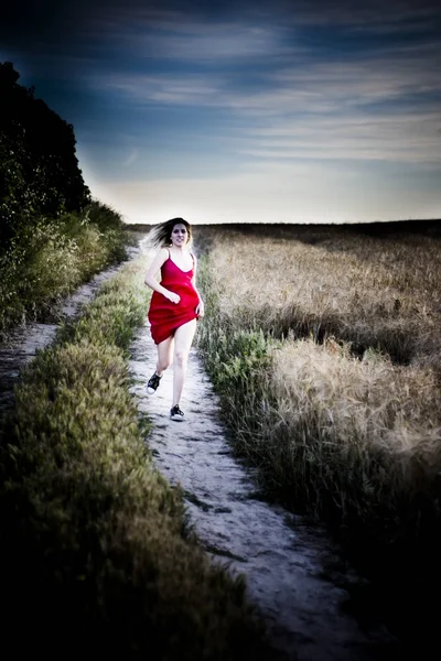 小麦フィールのパスに赤いドレスを着たブロンド美女 — ストック写真