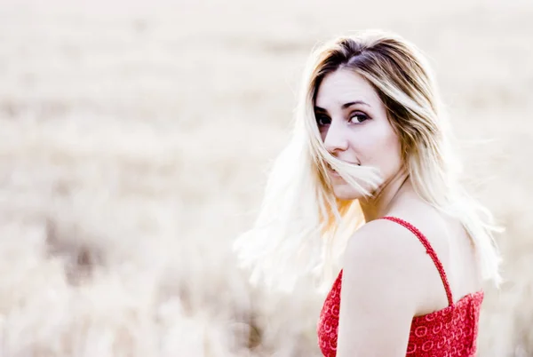 Mulher loira bonita em um vestido vermelho, em um campo de trigo ao pôr do sol — Fotografia de Stock