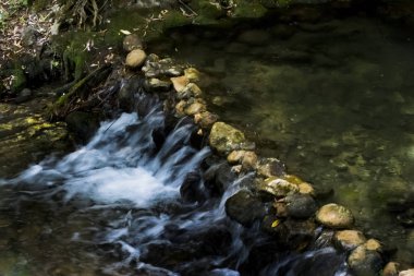 Bir nehir su ipeksi çalışan, kayalar ve ağaçlar peyzaj