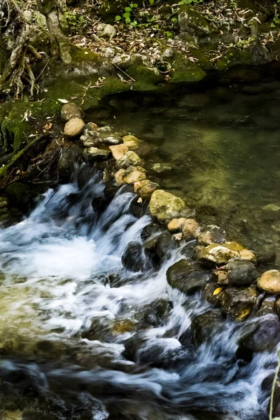 Paesaggio di un fiume con acqua che scorre setosa, rocce e alberi — Foto Stock