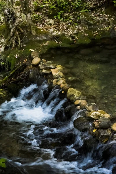 Paesaggio di un fiume con acqua che scorre setosa, rocce e alberi — Foto Stock