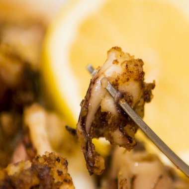 Fried squids ve shipirons ahşap plaka üzerinde limonlu