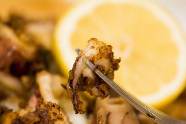 Fried squids ve shipirons ahşap plaka üzerinde limonlu