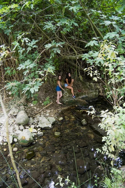 Δύο όμορφες γυναίκες στη φύση στην όχθη ενός ποταμού στο βουνό — Φωτογραφία Αρχείου