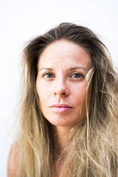 Portrait of the face of a beautiful blond woman on white backgro — Stock Photo, Image