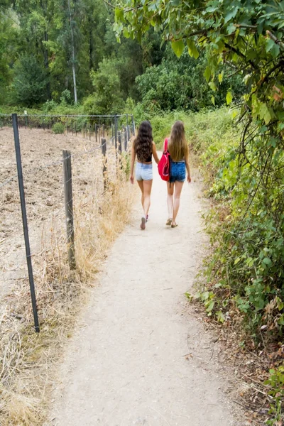 Doğada bir dağ yolda hiking iki güzel kadın