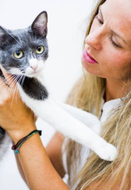 Kedi beyaz zemin üzerine güzel bir sarışın kadınla portresi