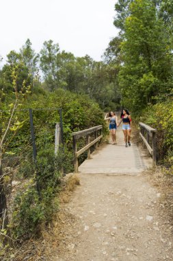 Doğada bir dağ yolda hiking iki güzel kadın