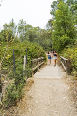 Doğada bir dağ yolda hiking iki güzel kadın