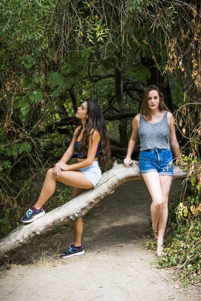 Två vackra kvinnor vandra i naturen på en bergsväg — Stockfoto