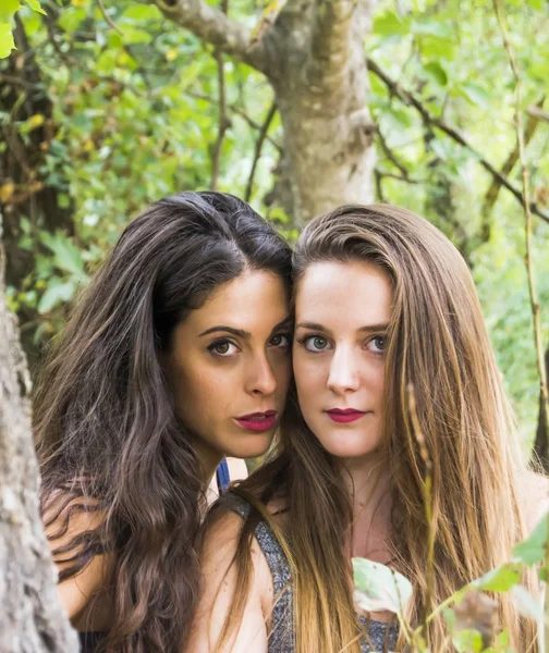 Två vackra kvinnor i naturen på en fjällskog — Stockfoto