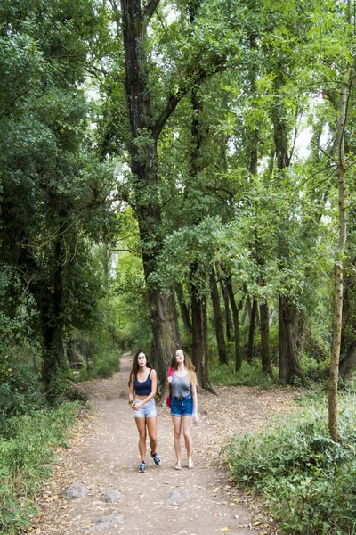 Dos hermosas mujeres que caminan en la naturaleza en un camino de montaña — Foto de Stock