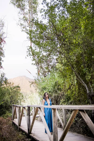 Hermosa mujer en el campo en un puente de madera con un eveni —  Fotos de Stock
