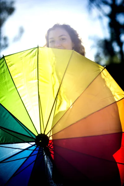 Beautiful Woman Umbrella Many Colors Backlight Sunny Day — Stock Photo, Image