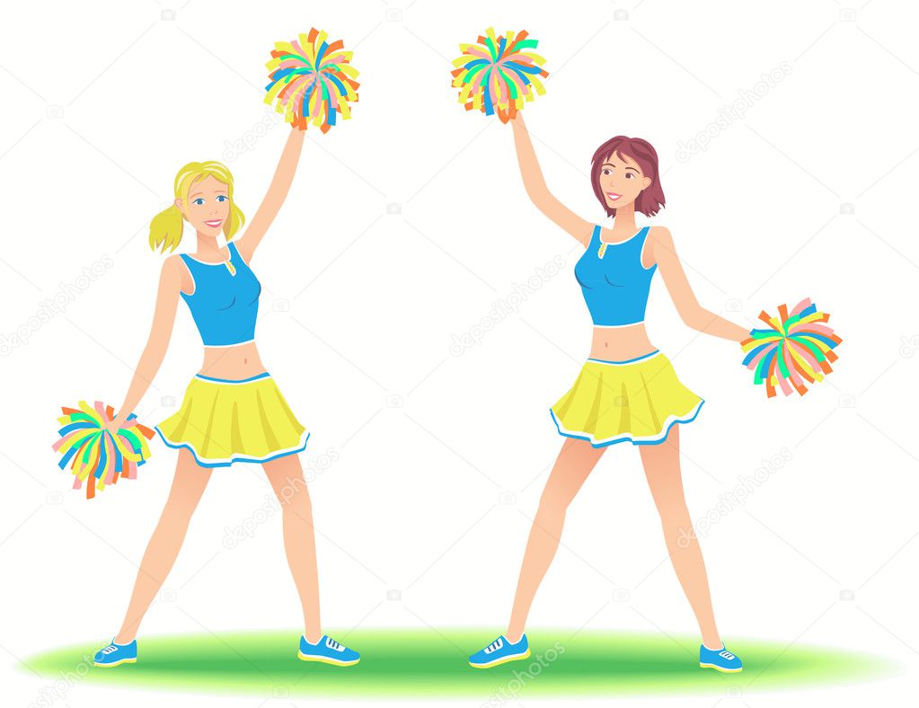 Cheerleaders with pom-poms. Girls support team dancing.