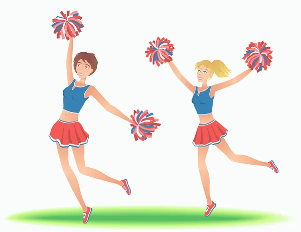 Cheerleaders met pom-poms. Meisjes ondersteuning team dansen. — Stockvector