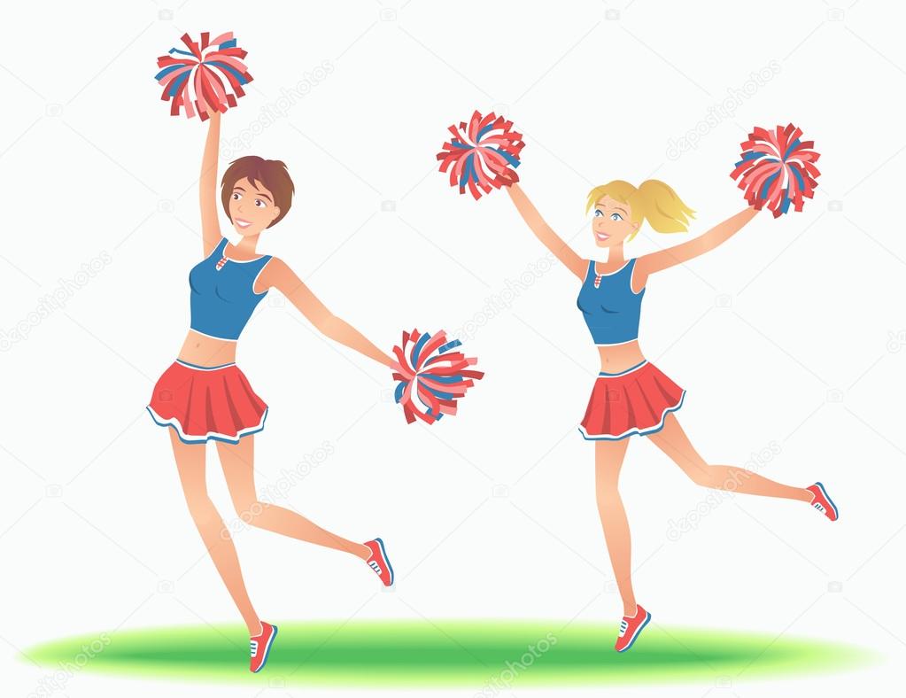 Cheerleaders with pom-poms. Girls support team dancing.