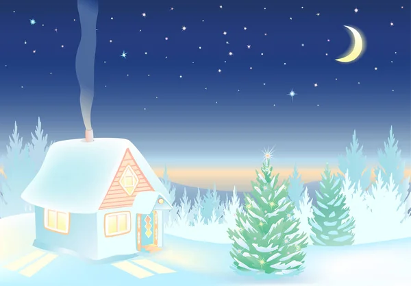 Nuit Paysage d'hiver avec maison et forêt . — Image vectorielle