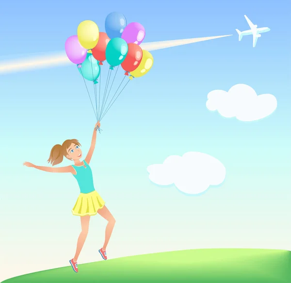 Happy jumping girl avec des ballons colorés sur la pelouse . — Image vectorielle