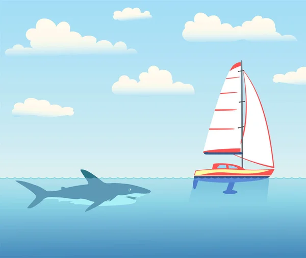El tiburón está persiguiendo el yate. . — Vector de stock