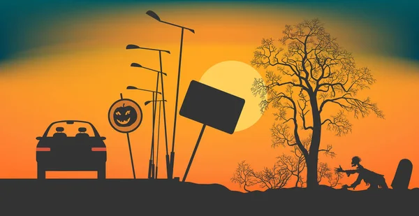 Halloween Night op de weg. — Stockvector