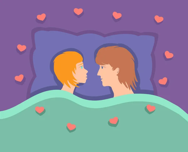 Lovers in the bed  face to face. — Stock Vector