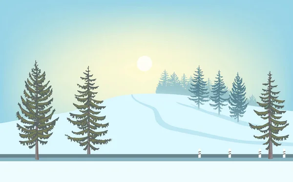 Winter landscape. Sun over snowy hill, road and fir-tree. — Stock Vector