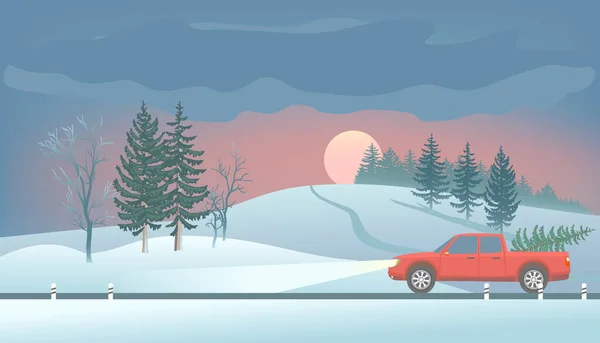 Ramassage avec arbre de Noël. Paysage d'hiver. Sapins et route . — Image vectorielle