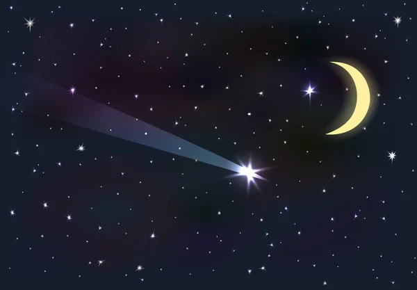 Éjszakai égbolt holddal és csillagokkal. Lehulló csillag. — Stock Vector
