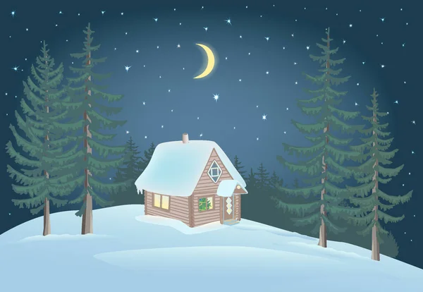 Маленький будинок в лісі і снігопад . — стоковий вектор