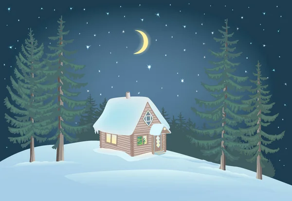 Pequena casa na floresta e neve deriva . —  Vetores de Stock