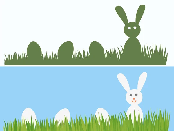 Mutlu Paskalya Tavşanları ve çimlerde yumurtalar. Paskalya Yumurtası Avı teması. — Stok Vektör