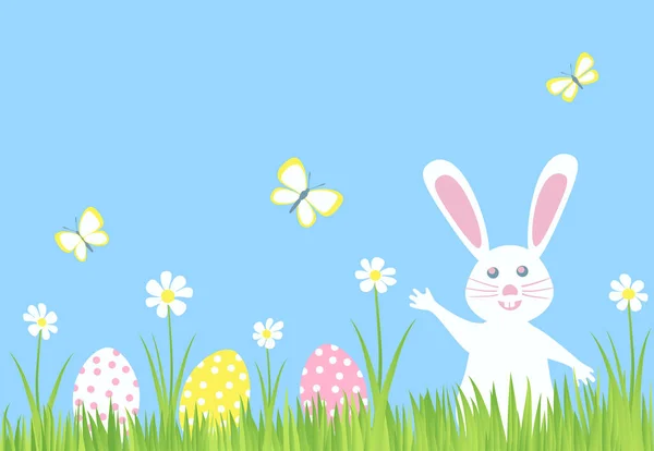 Easter Bunny Rabbit and Eggs on green grass with flowers. — Stock Vector
