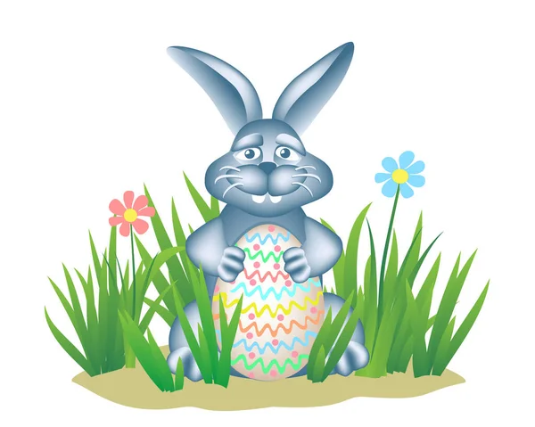 Easter Egg Hunt theme. Happy Bunny in grass holds painted egg. — Stok Vektör