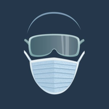 Protective glasses and medical respiratory mask. Easy apply to any face front view.