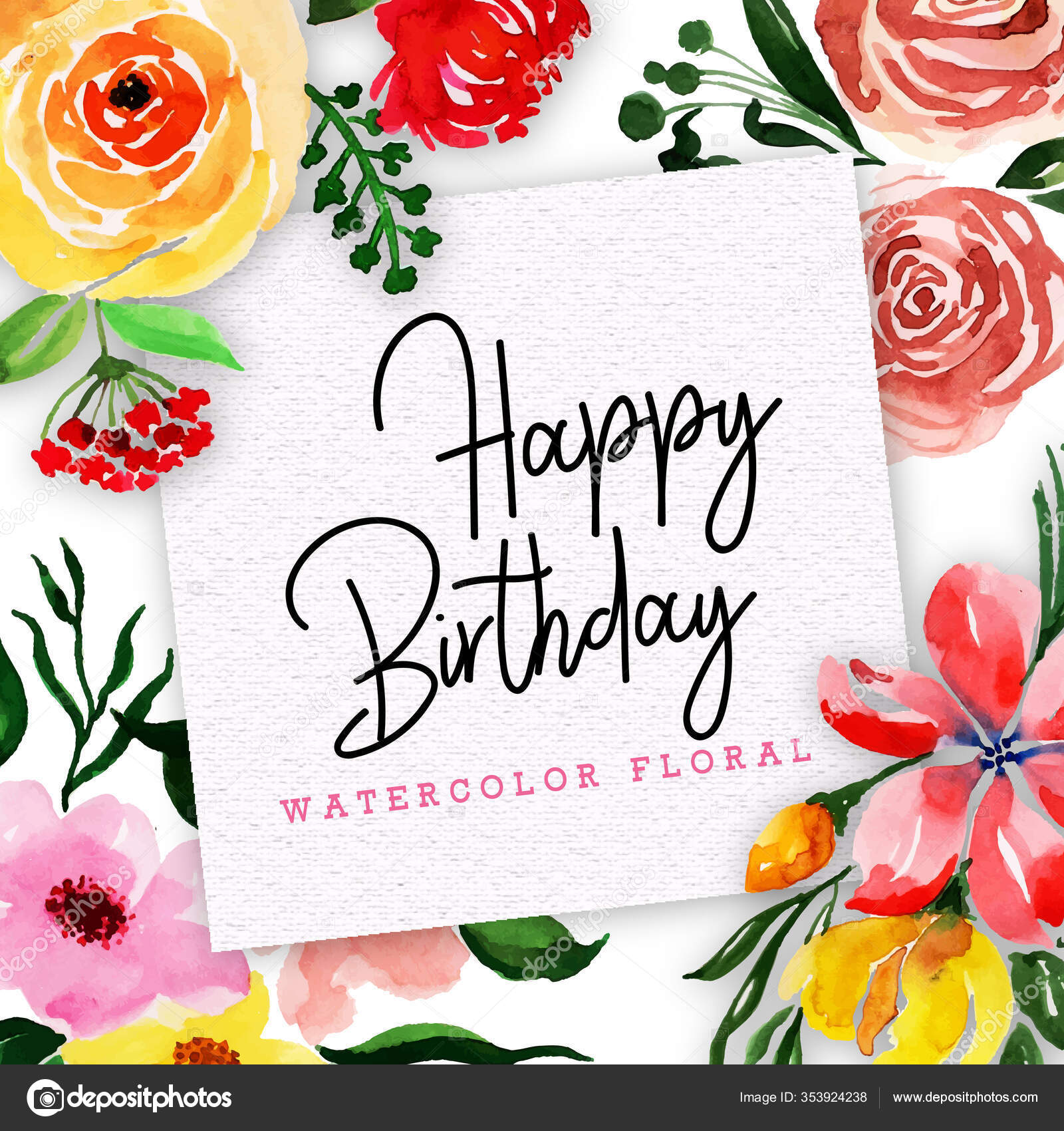 Happy Birthday Card Floral Watercolor Style Stock Vector Image by