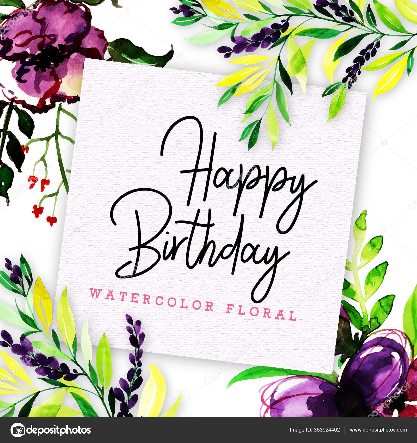 Happy Birthday Card Floral Watercolor Style Stock Vector Image by