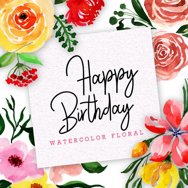 Tarjeta Cumpleaños Feliz Con Floral Estilo Acuarela — Vector de stock