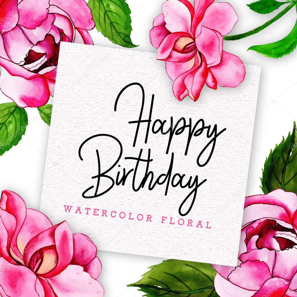 Happy Birthday Card With Floral in Watercolor Style