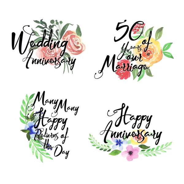 Feliz Aniversário Aniversário Logo Collection Com Aquarela Floral — Vetor de Stock