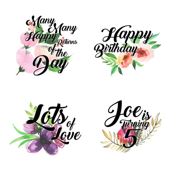 Feliz Aniversário Aniversário Logo Collection Com Aquarela Floral — Vetor de Stock