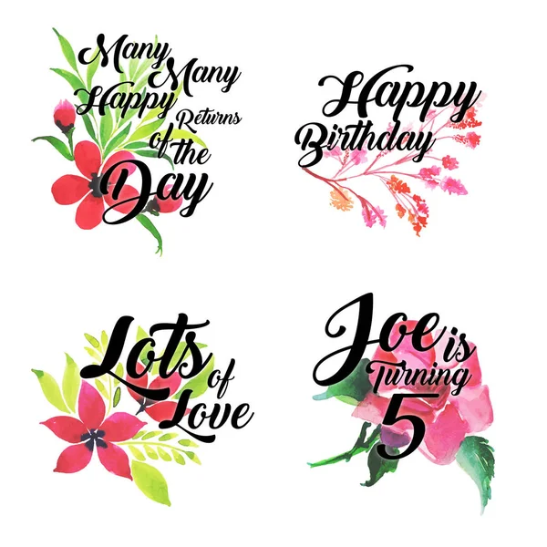 ハッピー記念日と誕生日のロゴコレクションとともに水彩花 — ストックベクタ