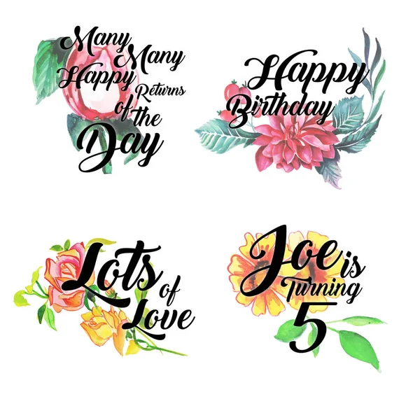 Gelukkige Verjaardag Verjaardag Logo Collectie Met Aquarel Bloemen — Stockvector