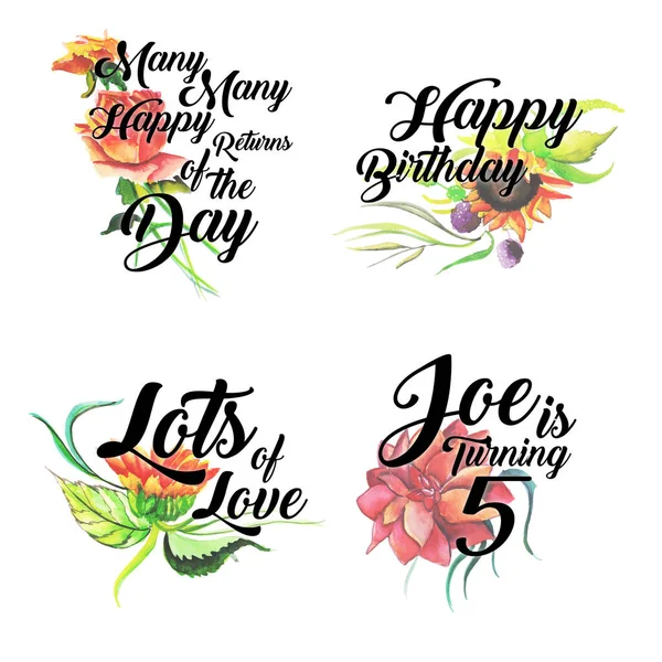 Feliz Aniversário Aniversário Logo Collection Com Aquarela Floral — Vetor de Stock