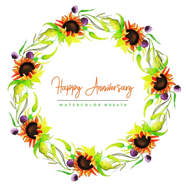 Aquarell Floral Happy Anniversary Kranz Hintergrund — Stockvektor