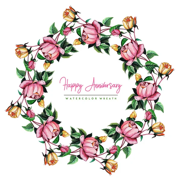 Watercolor Floral Happy Anniversary Wreath Background — Stock Vector