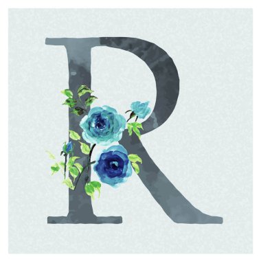 Mavi Temada R harfi Watercolor Çiçek Arkaplanı