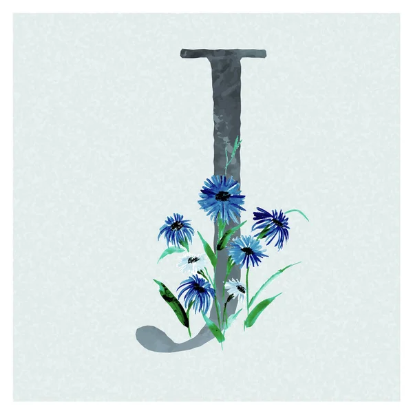 Lettre Aquarelle Fond Floral Dans Thème Bleu — Image vectorielle