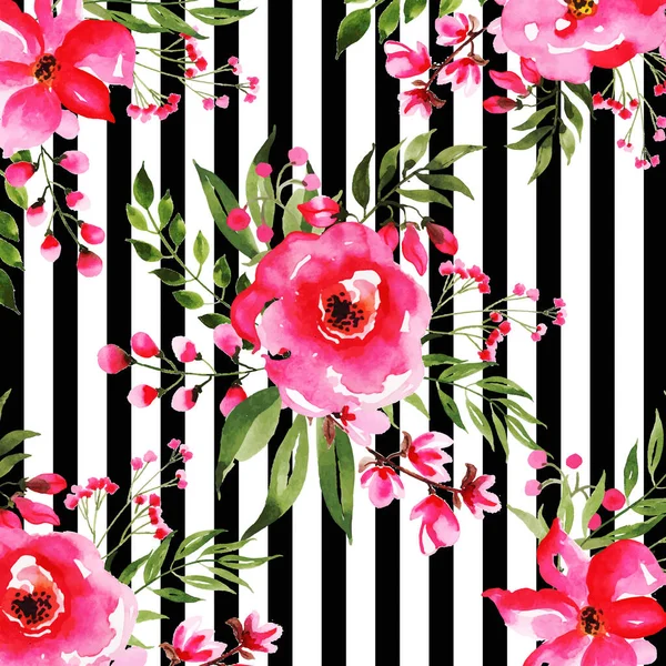 Hermosas Flores Color Rosa Patrón Rayas Fondo Sin Costuras — Vector de stock